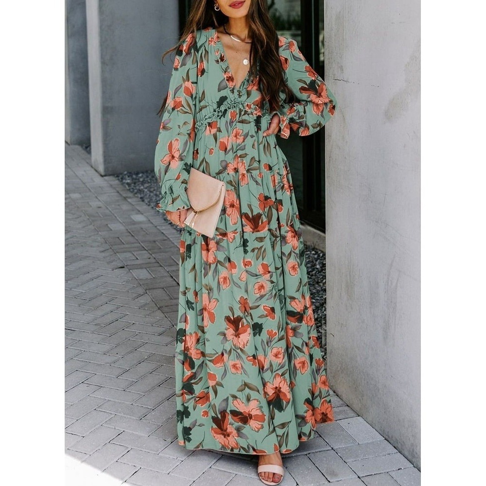 Double Take Floral Frill Trim Flounce Sleeve Plunge Maxi Dress Women's Size XL